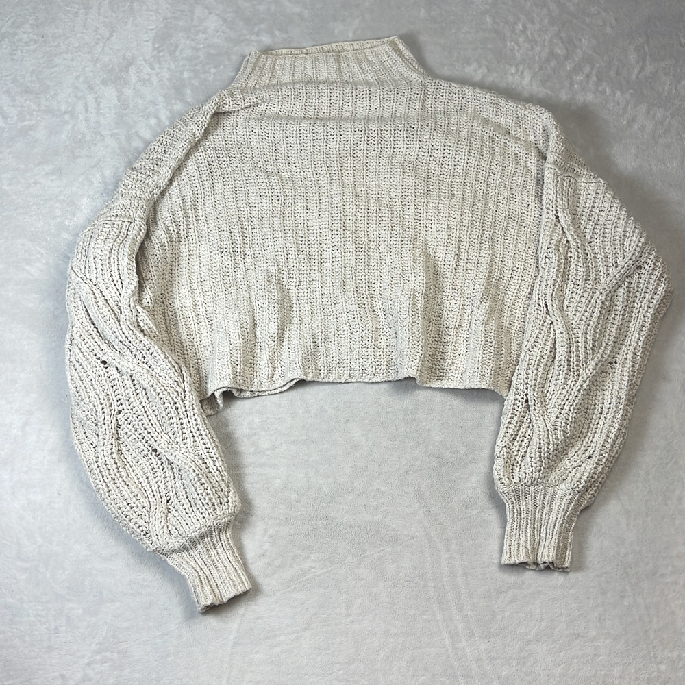 Free People Women's Sweater Size L Cream Cable Knit Mock Neck Cropped Pullover - Picture 5 of 5